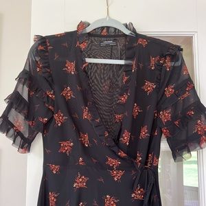 Elegant Zara wrap dress, midi length, barely worn. Dark floral print.